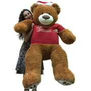 Merry Christmas 5 Foot Teddy Bear Wears Removable Red Holiday Tshirt, Soft Cookie Dough Brown Color