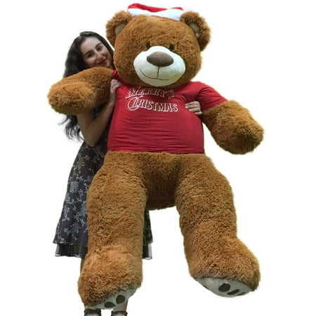Merry Christmas 5 Foot Teddy Bear Wears Removable Red Holiday Tshirt, Soft Cookie Dough Brown Color