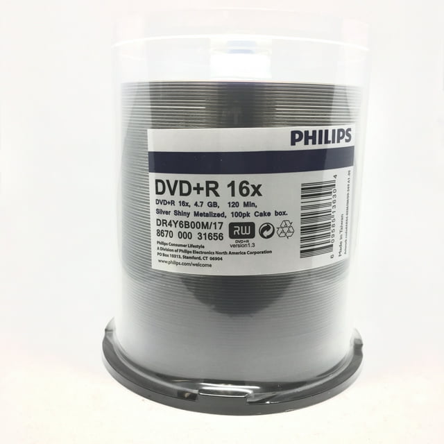 PHILIPS DVD+R 4.7GB/120MIN 16X discs in a silver shiny smooth to metalized hub surface finish, packaged in a 100-piece cake box spindle. Designed for high-speed recording with support for speeds up to 16X. Ideal for storing data, videos, or multimedia files.