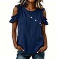 thumbnail image 3 of VBVC Women's Cotton Blend Cold Shoulder Blouse, Ladies' Crew Neck Ruffle Sleeve Top, Casual Button Detail Shirt For Women,Navy,S-2XL, 3 of 7