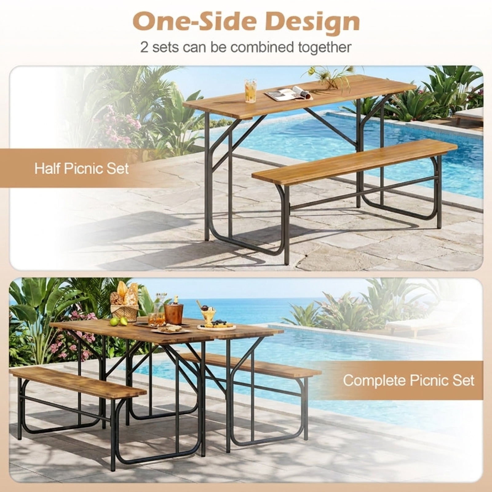 Biotree Acacia Wood Patio Picnic Table and Bench Set for 2 People One-Side Outdoor Table for Garden Deck and Backyard Dining, Black