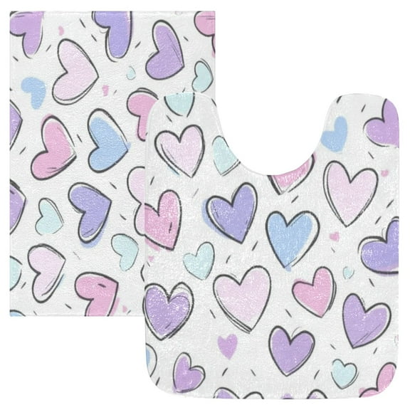 2 Piece Soft Bathroom Rug Set Pink and Purple Hearts Bath Mat and U-Shaped Toilet Contour Rug (16"x24" 20"x24")