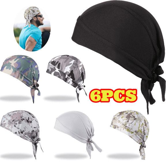 6pcs Durag Skull Caps for Men, Sweat Wicking Cooling Motorcycle Head Wrap Bandanas