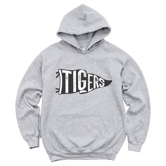 Tigers Pennant Flag Hoodie for Women Men & Teens Distressed School Spirit Game Day Sweatshirt Gray Hoodie Medium