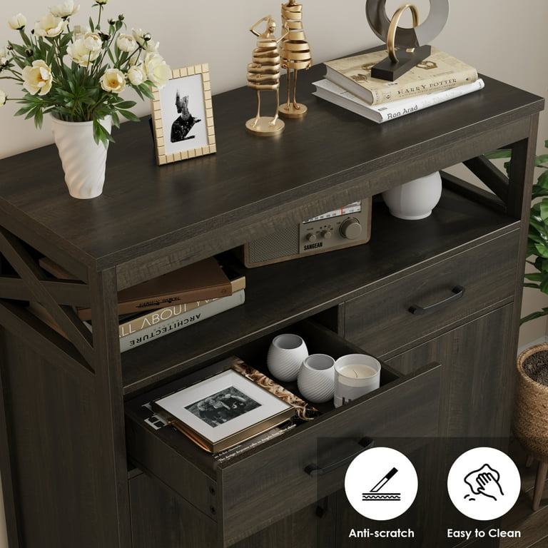 Homfa Accent Cabinet with 2 Drawers and 2 Doors, Farmhouse Storage Cabinet  with Open Shelf for Living Room, Dark Brown Finish