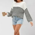 thumbnail image 5 of Women'S Striped Colorblock Knitted Sweater Long Sleeve Round Neck Fashion Oversized Sweater Black S, 5 of 7