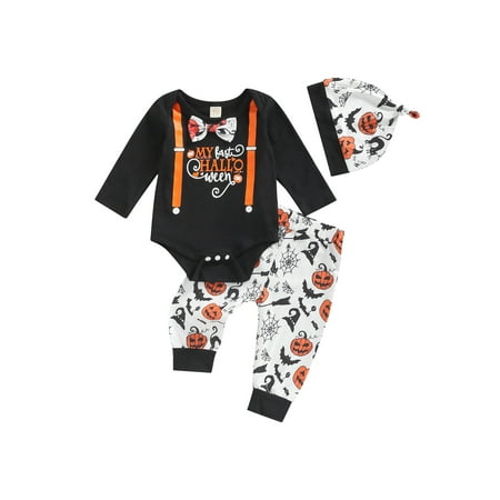 

My 1st Halloween Baby Boy Girl Outfit Long Sleeve Printed Romper Pants Hat 3Pcs Halloween Outfit