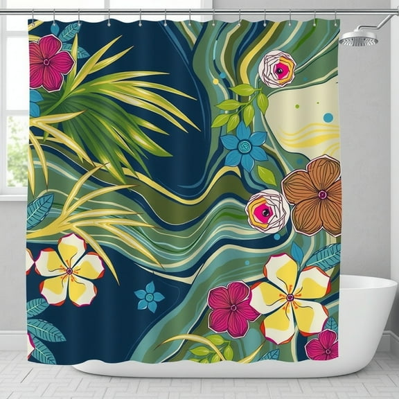 Vibrant Tropical Floral Shower Curtain - Colorful Flowers & Greenery Bold Design for Bathroom Decor