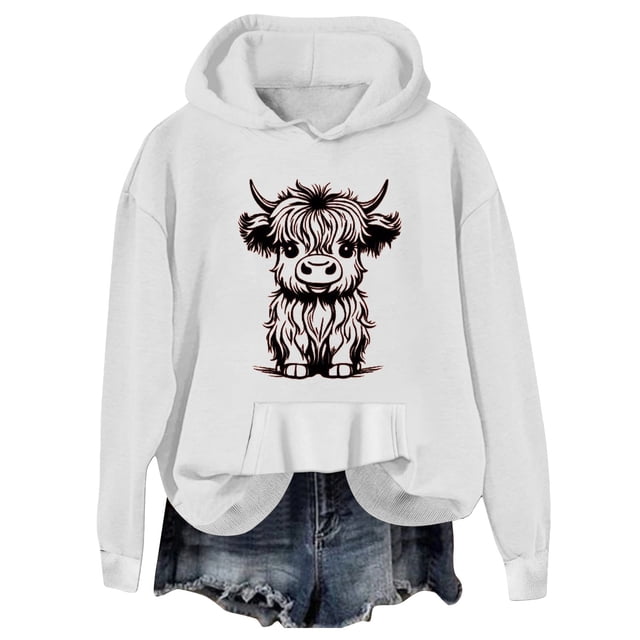 WEAIXIMIUNG Plus Size Sweatshirts for Women 3X Oversized Women Sweatshirts Long Sleeve Cute Cattle Graphic Printed Drawstring Hoodie Pullover Sweatshirts Top Blouse