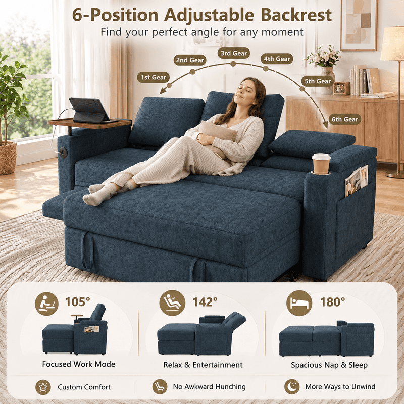 3-in-1 Convertible Sofa Bed, 3-Seater Chenille Couch with Adjustable Backrest, USB Charging Ports, Table Board and Storage Armrests, 81'' Foldable Sleeper Sofa for Living Room