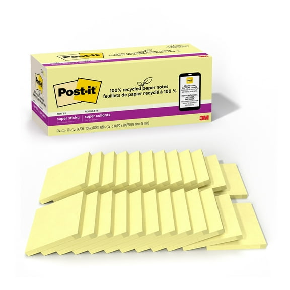 Post-it Super Sticky Recycled Notes, 3 in x 3 in, 24 Pads, 70 Sheets/Pad, 2x the Sticking Power, Canary Yellow, 100% Rec