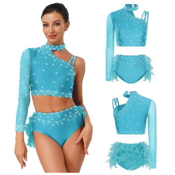 SiiRoh Women Ballroom Latin Dance Set One Shoulder Crop Top with Feather Briefs Belly Dancing Outfit Sky Blue M