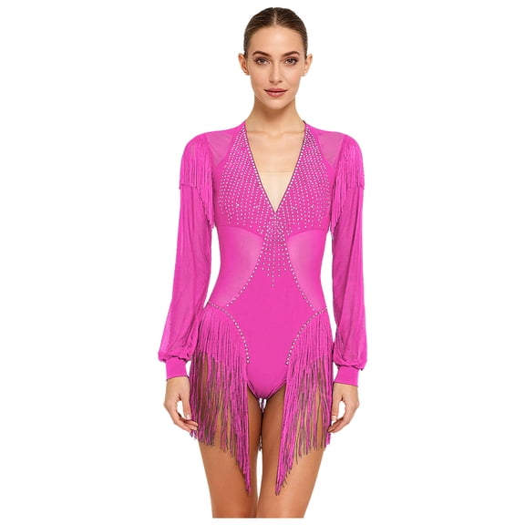 Hansber Women's Long Sleeve Tassels Latin Dance Dress Fringe Leotard Shiny Rhinestones Tango Jazz Dancewear Hot Pink L