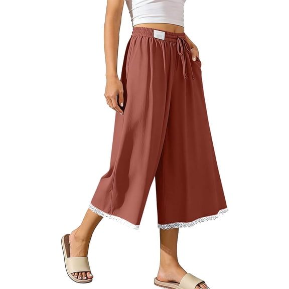Women's Wide Leg Palazzo Capri Pants Cotton Linen Drawstring Casual with Lace Elastic Waist Loose Fit Summer Trousers