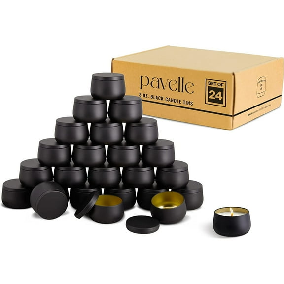Pavelle 8 oz. Black Candle Container Tins, 24 Metal Tin Containers with Lids