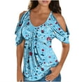 thumbnail image 2 of Summer Saving Wycnly Womens Blouses and Tops Dressy Going out Fashion Cold Shoulder Elastic Waist Swing Plus Size Tunic Shirts Summer Floral Print V-Neck Short Sleeve Cute Tees Tops Light Blue m, 2 of 5