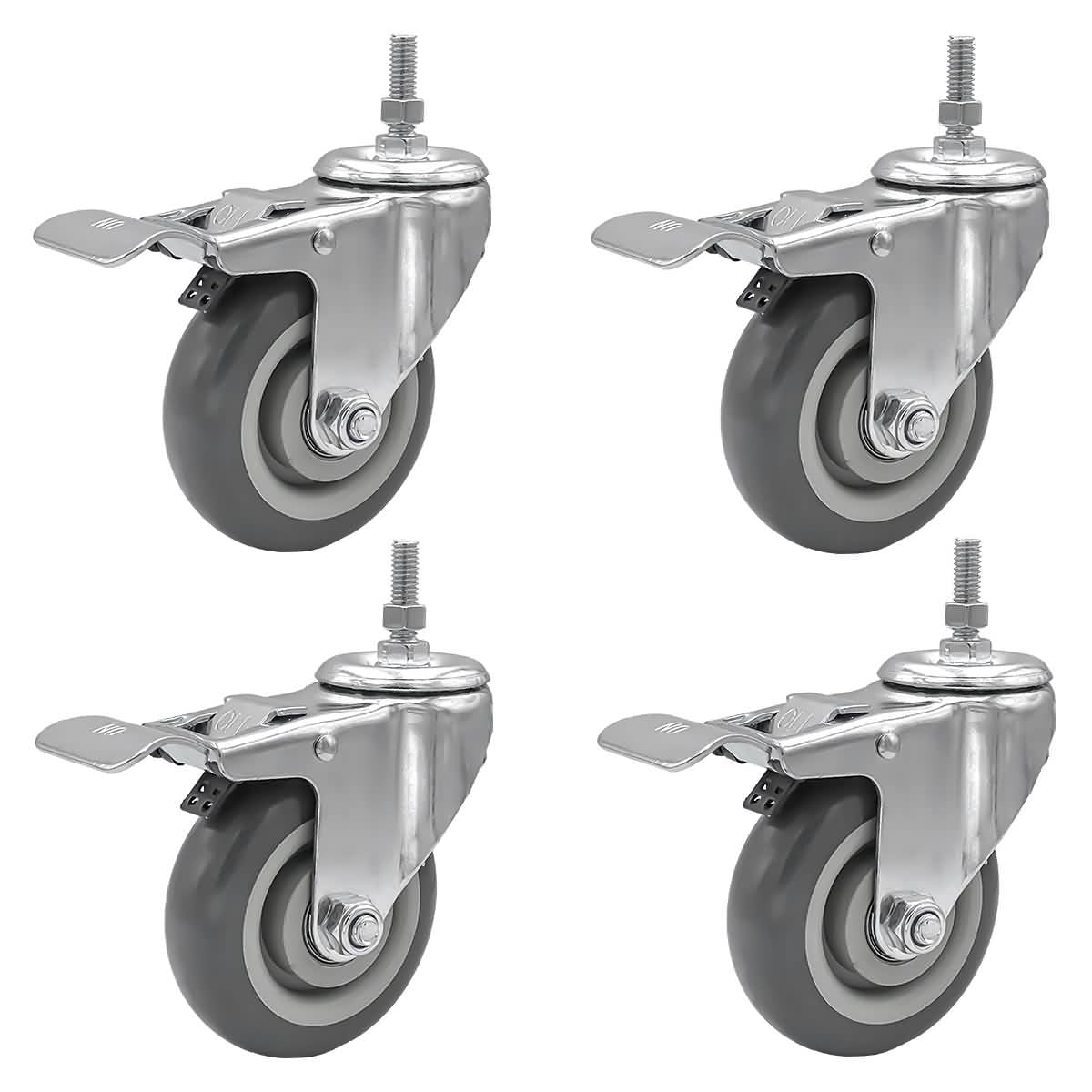 8 Pack 2 Inch Stem Casters Swivel with Front Brake Grey PU Caster Wheels 