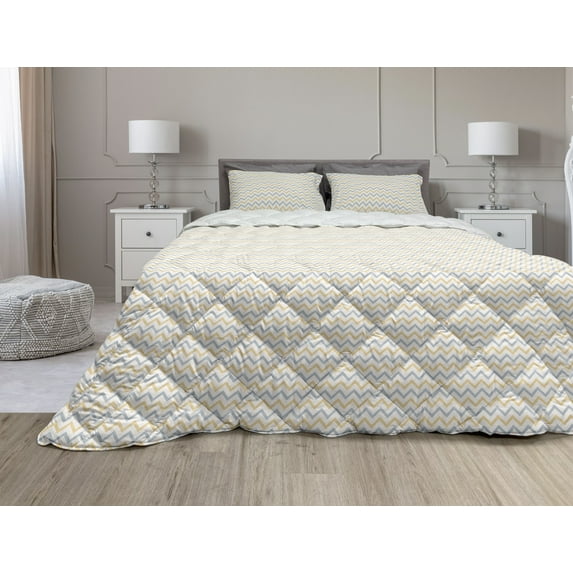 Abstract Comforter & Sham Bedding Set, Minimalistic Chevron Zig Zag Geometric in Pastel Colors, 3 pcs Duvet Set Microfiber Filling Quilt, 5 Sizes, Blue Grey Pastel Brown, by Ambesonne