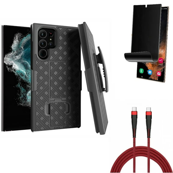 10ft PD Cable & Case Belt Clip & Privacy Screen Protector for Samsung Galaxy S22 Ultra (6.8") - Combo Type-C to USB-C Charger Cord Power & Holster Swivel Cover & TPU Film (Fingerprint) Anti-Peep