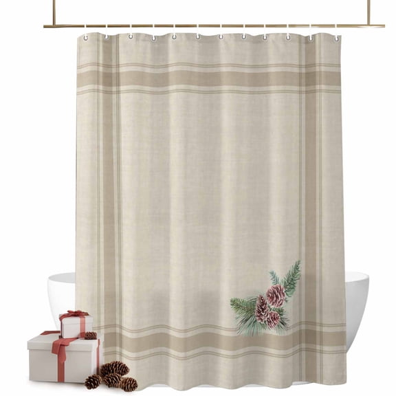 Christmas Pine Cones Bathroom Shower Curtain Winter Vintage Beige Brown Striped Linen Bottom Waterproof Washable Shower Curtains for Bathtub Bath Decor with Grommets and Hook 66 X 72 Inch