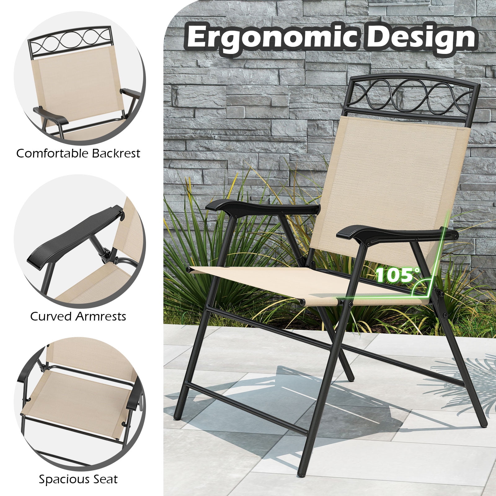 Gymax 4 Pack Patio Folding Chairs w/ Backrests & Armrests Metal Frame Outdoor Beige