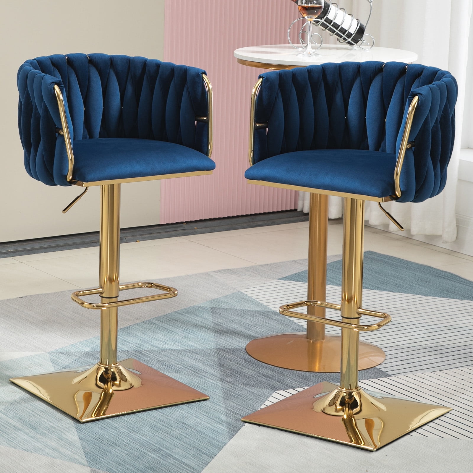 Villeston 360°Swivel Bar Stools Velvet Upholstered Adjustable Bar Chairs Set of 2 with Back & Footrest for Home and Kitchen,Navy Blue