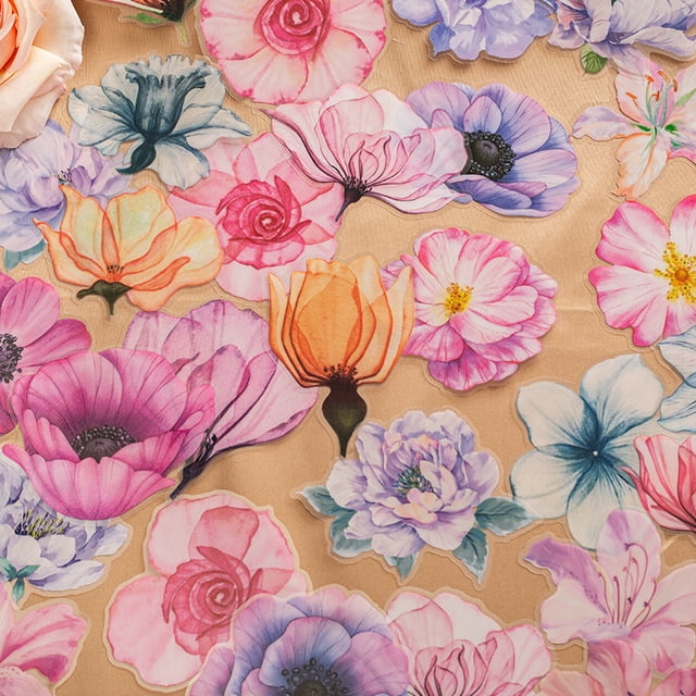 Juego de pegatinas de flores impermeables transparentes de gran tamaño, calcomanías de pared de vinilo transparentes florales decorativas para planificador, álbum de recortes, decoración de habit