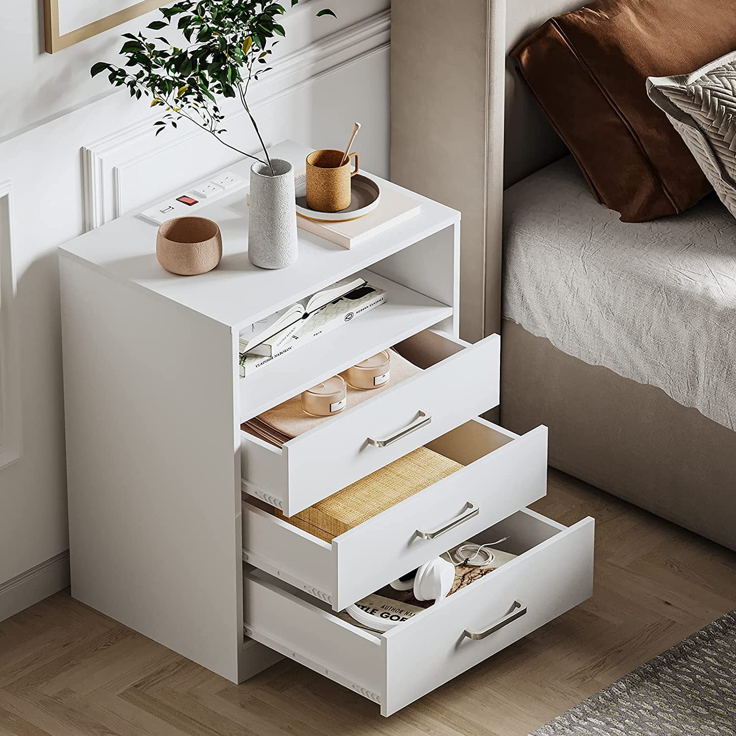 Afuhokles White Nightstand with 3 Drawer, Charging Station USB Port, Bedside Table