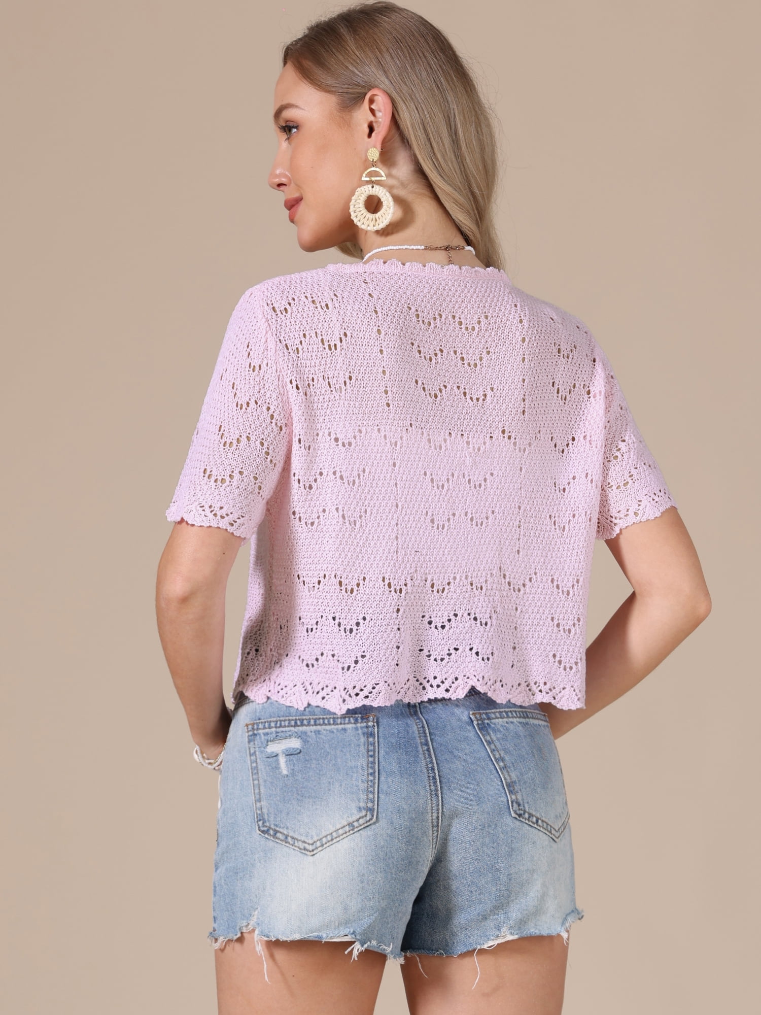 DARING DIVA Women's Crochet Cardigan Tie Front Go Out Short Sleeve Crop Shrug XL Pink