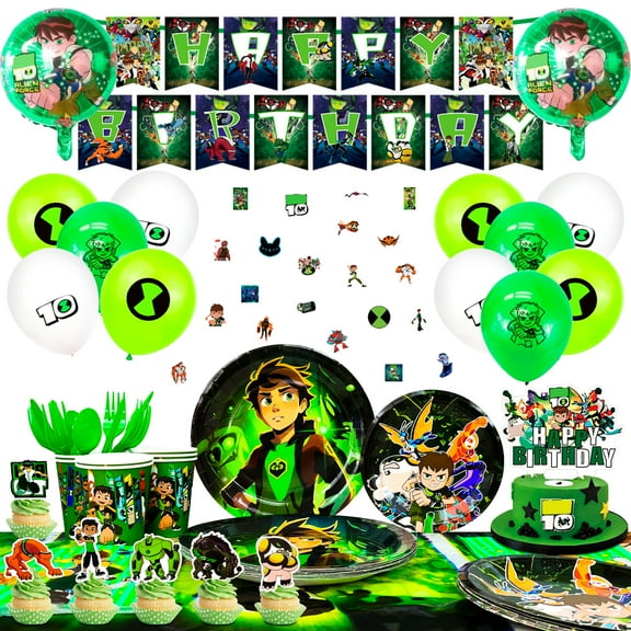 Ben 10 Birthday Party Supplies, 163 Pcs Ben 10 Party Supplies Include Ben 10 Birthday Cake Topper Banner Balloons Stickers & Ben 10 Party Plates Tablecloth Napkins Cups etc Ben 10 Party Decorations