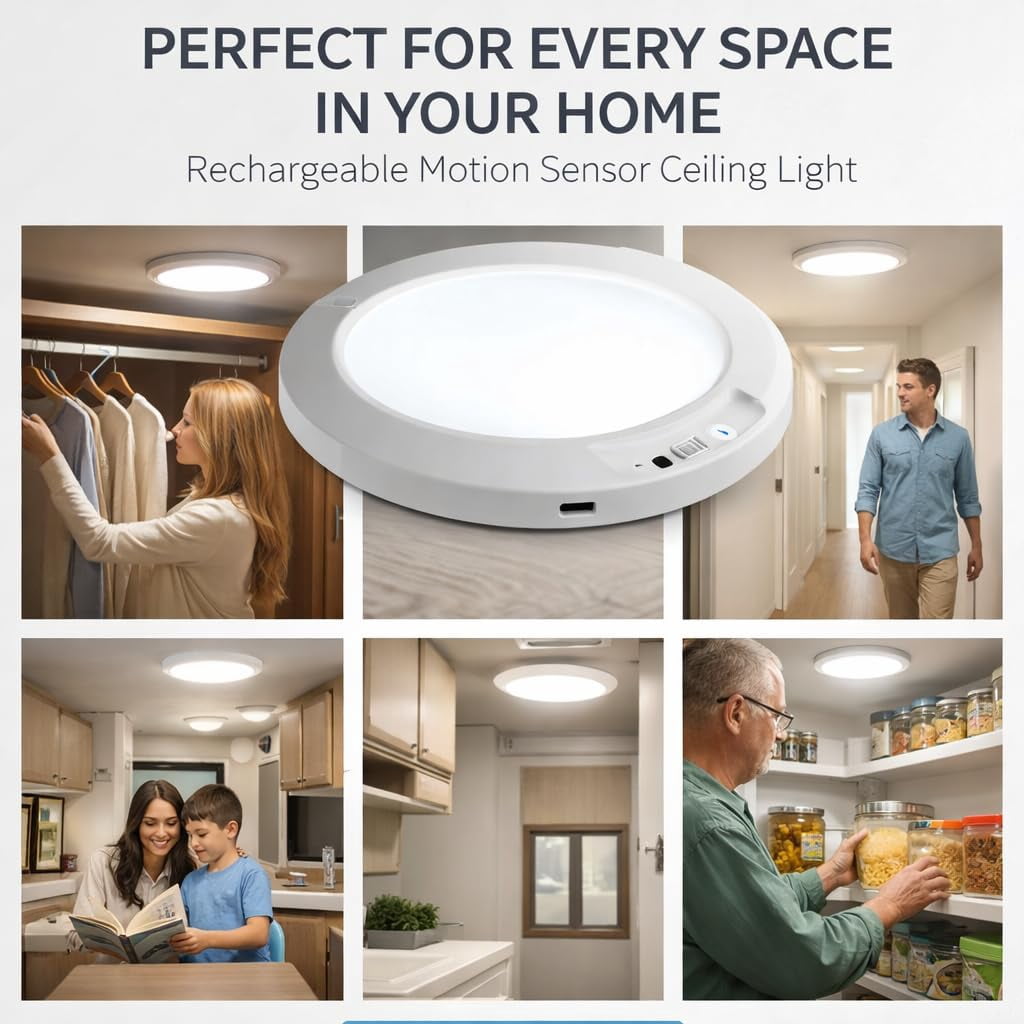 Rechargeable Motion Sensor Ceiling Light with Remote, Wireless Magnetic Stick-on Closet Light, Dimmable with Timer & 3 Color Temperatures for Shower Hallway