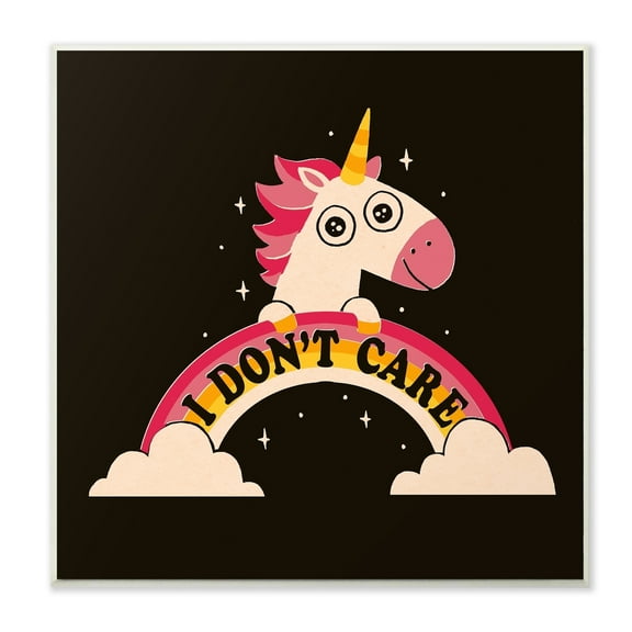Stupell Pink and Yellow Unicorn with Rainbow Doesn't Care Wall Plaque Art, 12 x 12, Proudly Made in USA - 12 x 12
