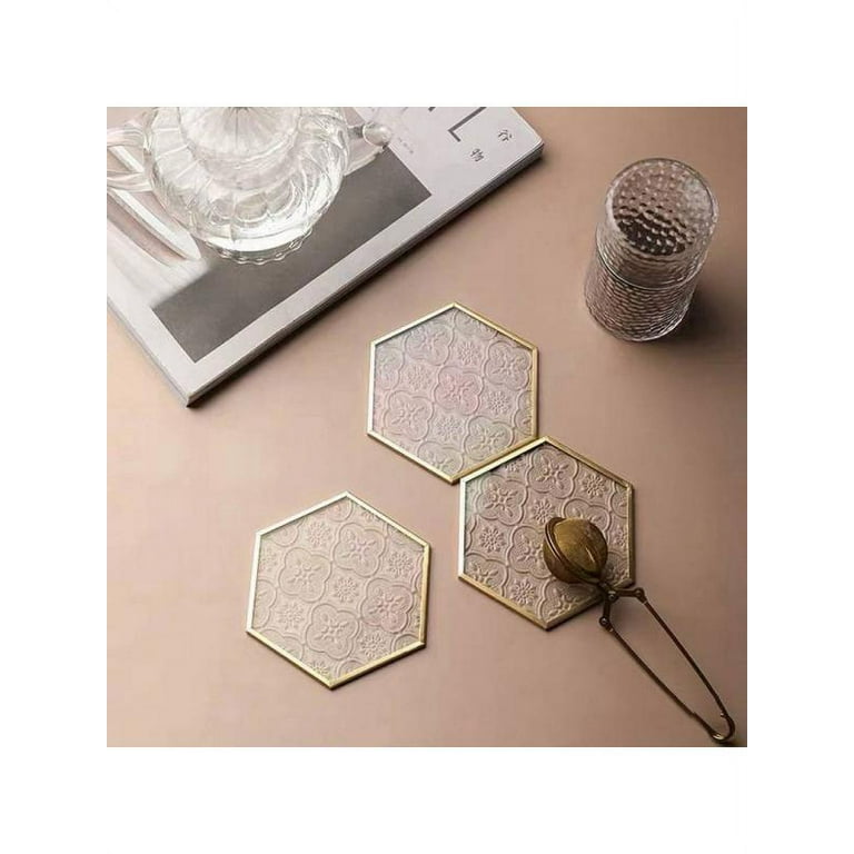 Hexagon Glass Coaster for Drinks, Cup Coaster with Carved Glass Stylish for  Coffee Tea Wine Coasters for Bar with Brass Edge 