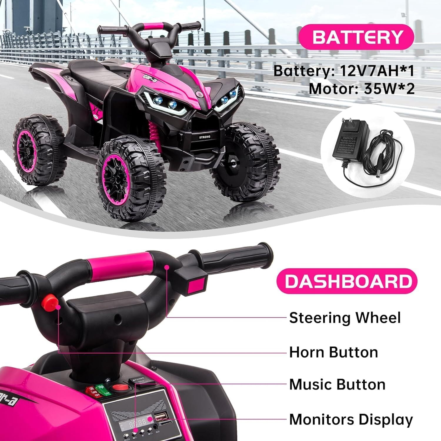 Kids 12V Kids Ride-On Electric ATV with 2 Seater,4 Wheeler Quad Car Toy Electric Vehicle with Music,LED Lights, High/Low Speed,2.1mph Max Speed,Battery Powered Wheels Car for Kids 3-8 Years Old