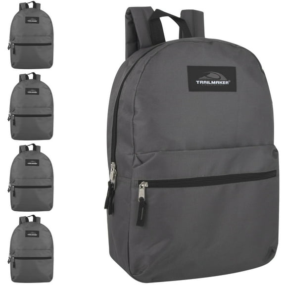 Trail Maker 24 Pack of Bulk Wholesale Basic and Classic 17 Inch Backpacks with Front Accessory Pocket, Dual Zipper Closure and Padded Adjustable Shoulder Straps for Travel in Gray