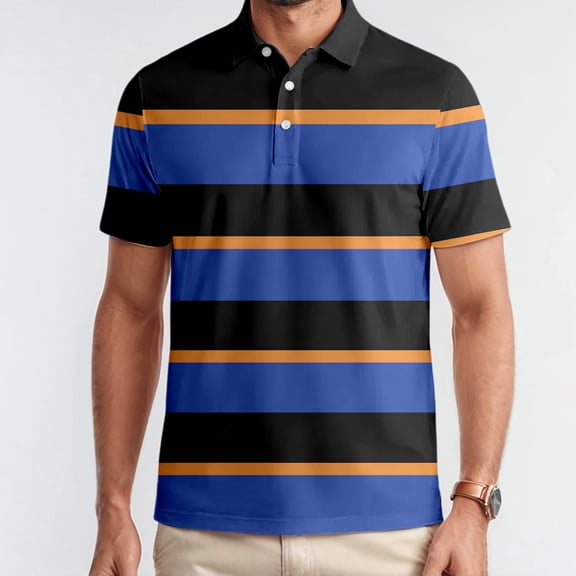 Polo T Shirts for Men Stripe Casual Breathable Short Sleeved Top Golf Buckle Button Collar Classic Shirts for Men Blue L