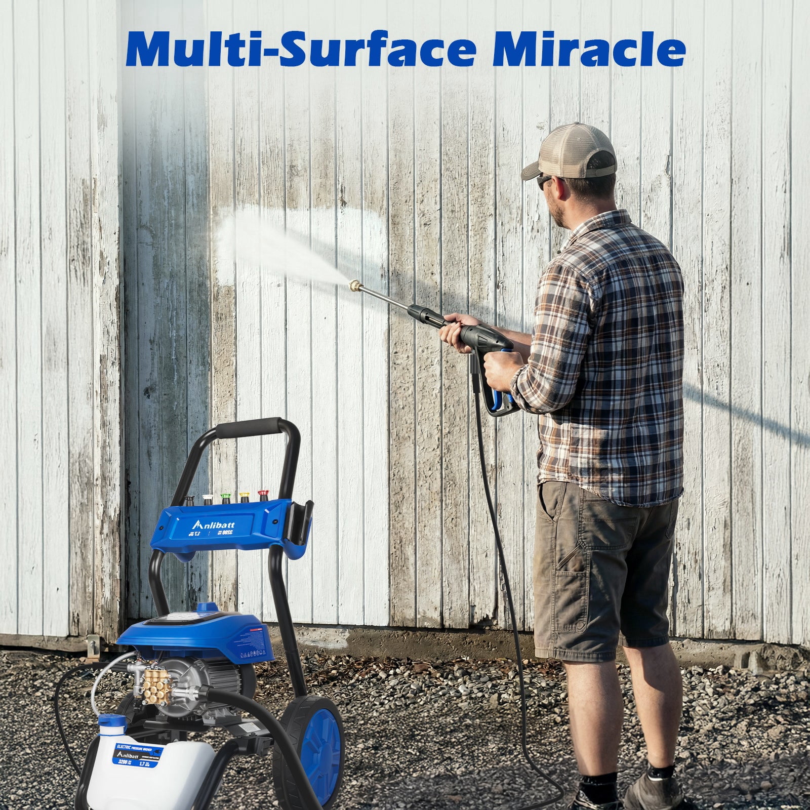 ANLIBATT Electric Pressure Washer 3200 PSI Max 1.7 GPM Heavy-Duty Brushless Motor Cold Water 5 Quick Nozzles 35ft Cord 25ft Hose Built-in Soap Tank