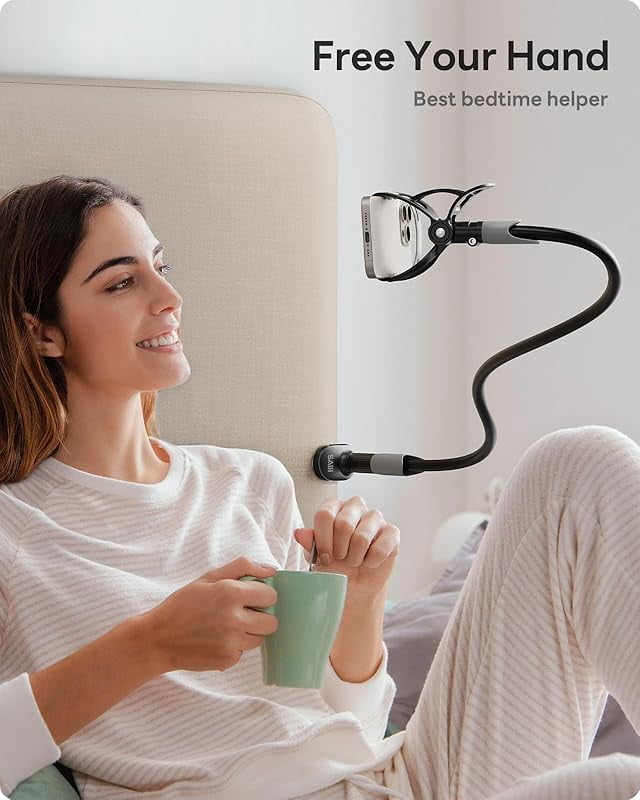 Gooseneck Bed Phone Holder, Flexible Long Arm Phone Mount for Desk, Clip Bracket Clamp Stand, iPhone Stand, Mobile Document Camera Nintendo Switch (Black)
