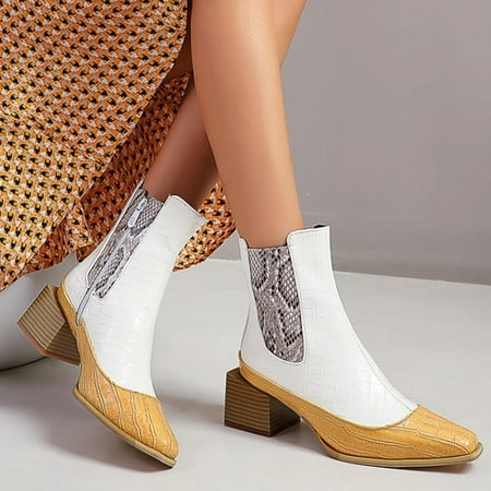 

Herrnalise Women s Snake Print Colorblock Square Heel Side Zipper Mid Heel Knight Boots Women Shoes on Sale
