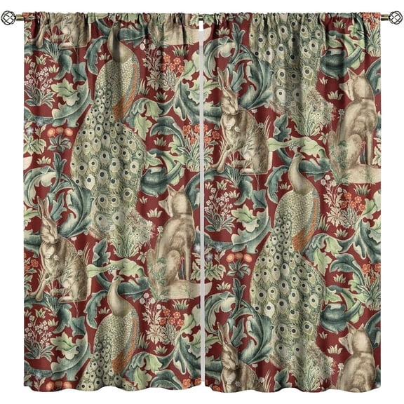 Vintage William Morris Wildlife Blackout Window Curtains, Rustic Boho Animal Plant Window Drapes, for Living Room Bedroom 21(W)*63(L) 2 Panels
