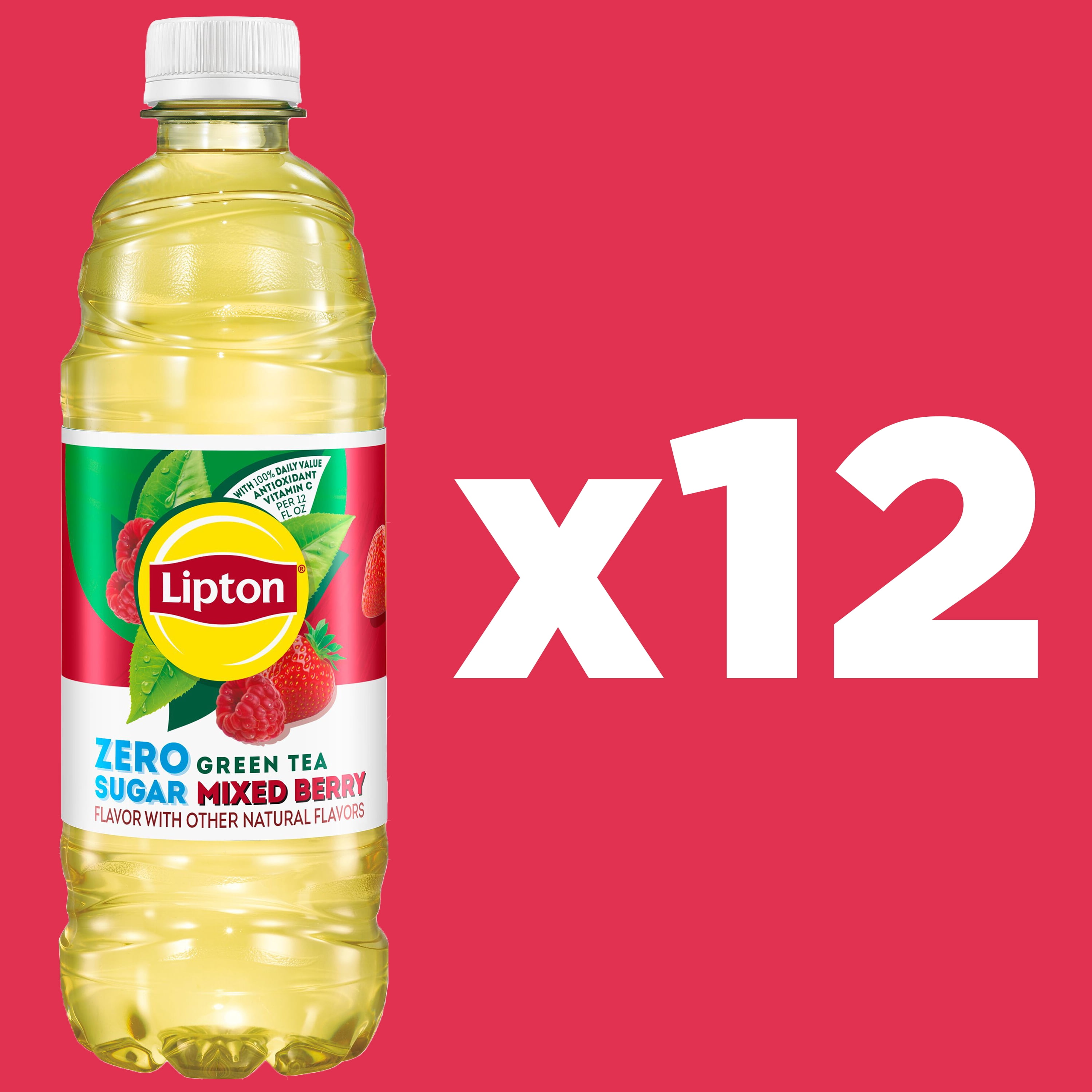 (2 pack) Lipton Green Tea Mixed Berry Zero Sugar Iced Tea, 16.9 fl oz, 12 Pack Bottles​