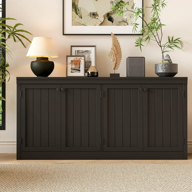 Buffet Noir avec Rangement, Buffet à 4 Portes de 62,99 Pouces pour Salle à Manger, Armoire de Rangement Moderne pour Salon et Bureau