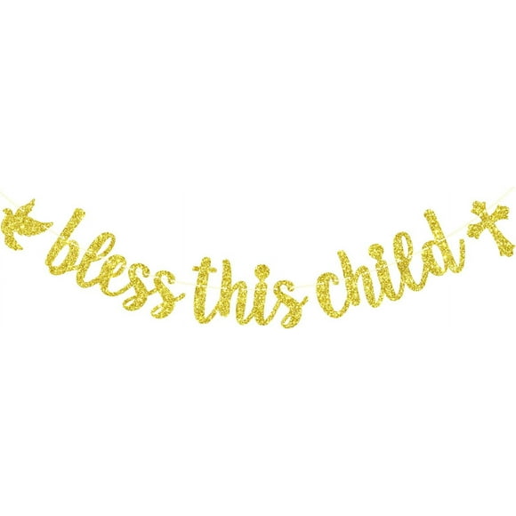 Bless This Child Banner, Spanish Baptism Decorations, God Bless This Child, Baby Shower Christening Baptism Party Decorations Gold Glitter