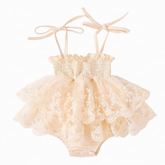 Hessimy Newborn Baby Girl Romper Summer Clothes Short Sleeve Round Neck Playsuit Infant Girl Outfit(Beige