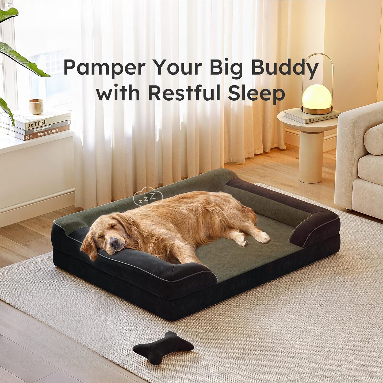XXL Dog Bed for Extra Large Dogs, Giant Orthopedic Dog Bed with Cooling Gel Memory Foam, Waterproof Pet Bed with Removable Washable Cover, 53" Pet Sofa Bed Dutch Velvet with Bone Toy, Black