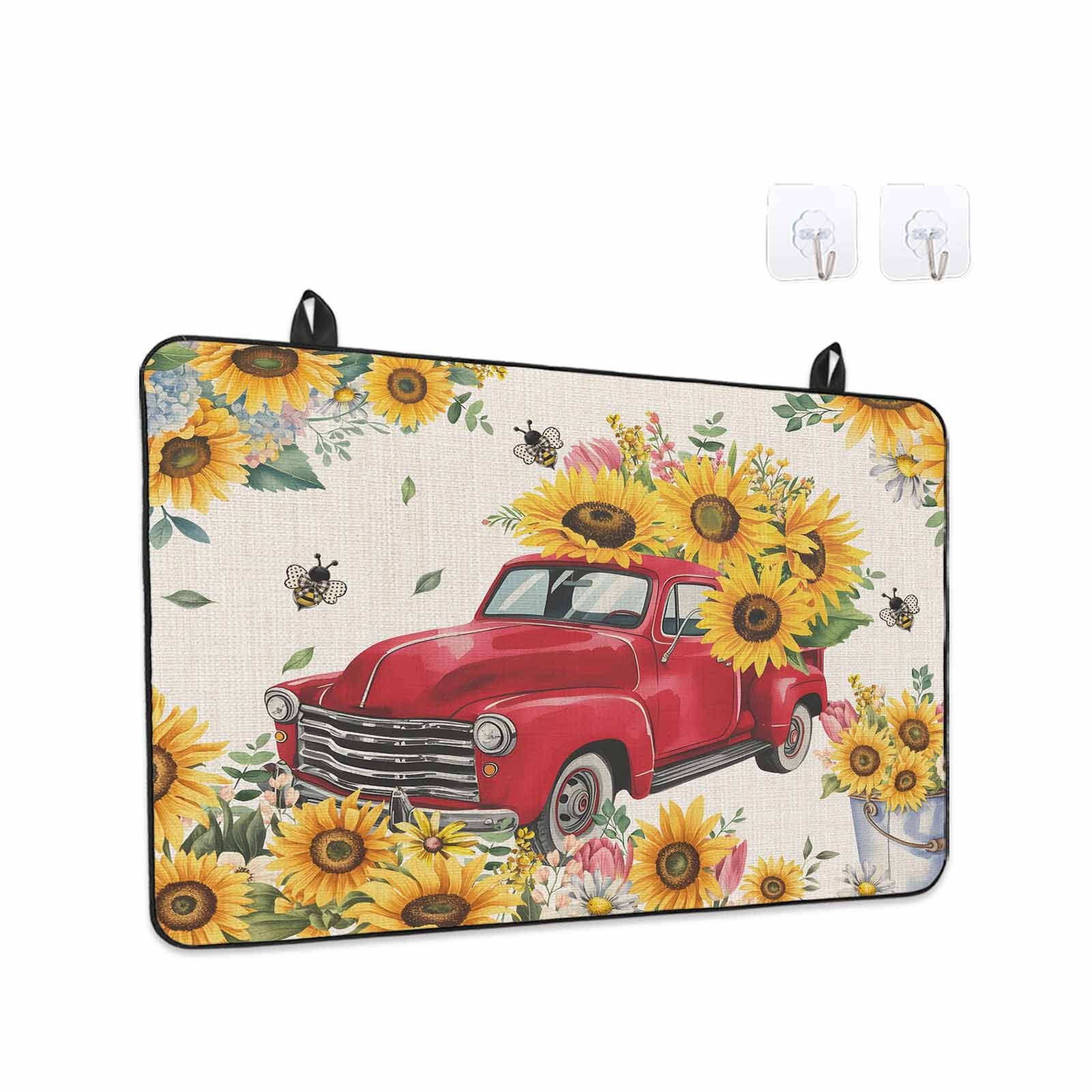 Spring Yellow Sunflowers Stove Top Cover for Electric Stove, Heat-proof & Non Slip Glass Top Stove Cover Protector, Farmhouse Car Bees Country Kitchen Flat Cooktop Rubber Mat 24x21 Inches