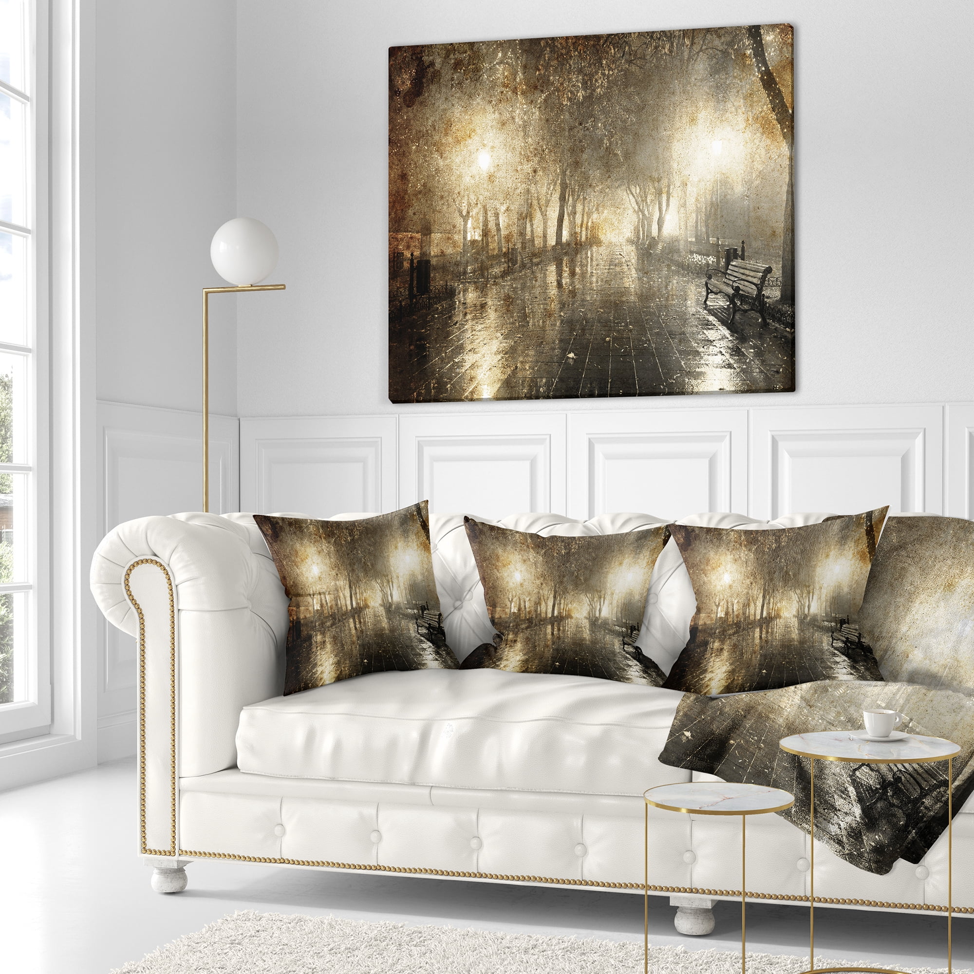 Designart Night Alley with Lights - Photography Landscape Printed Throw Pillow - 18x18