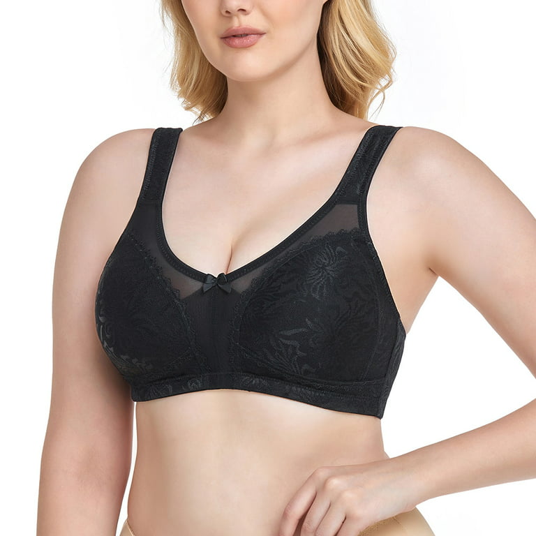 Womens Full Coverage Floral Lace Underwired Bra Plus Size Non Padded  Comfort Bra 50DDD Black