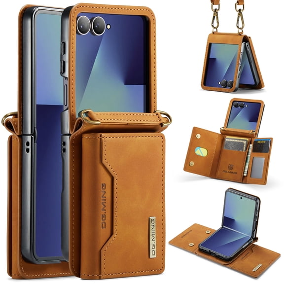 for Samsung Galaxy Z Flip 7 Case Wallet, 2 in 1 Detachable Magnetic Card Holder PU Leather Kickstand Phone Case [Card Cash Slot] [Wireless Charging] Shockproof Cover For Samsung Galaxy Z Flip 7,Brown