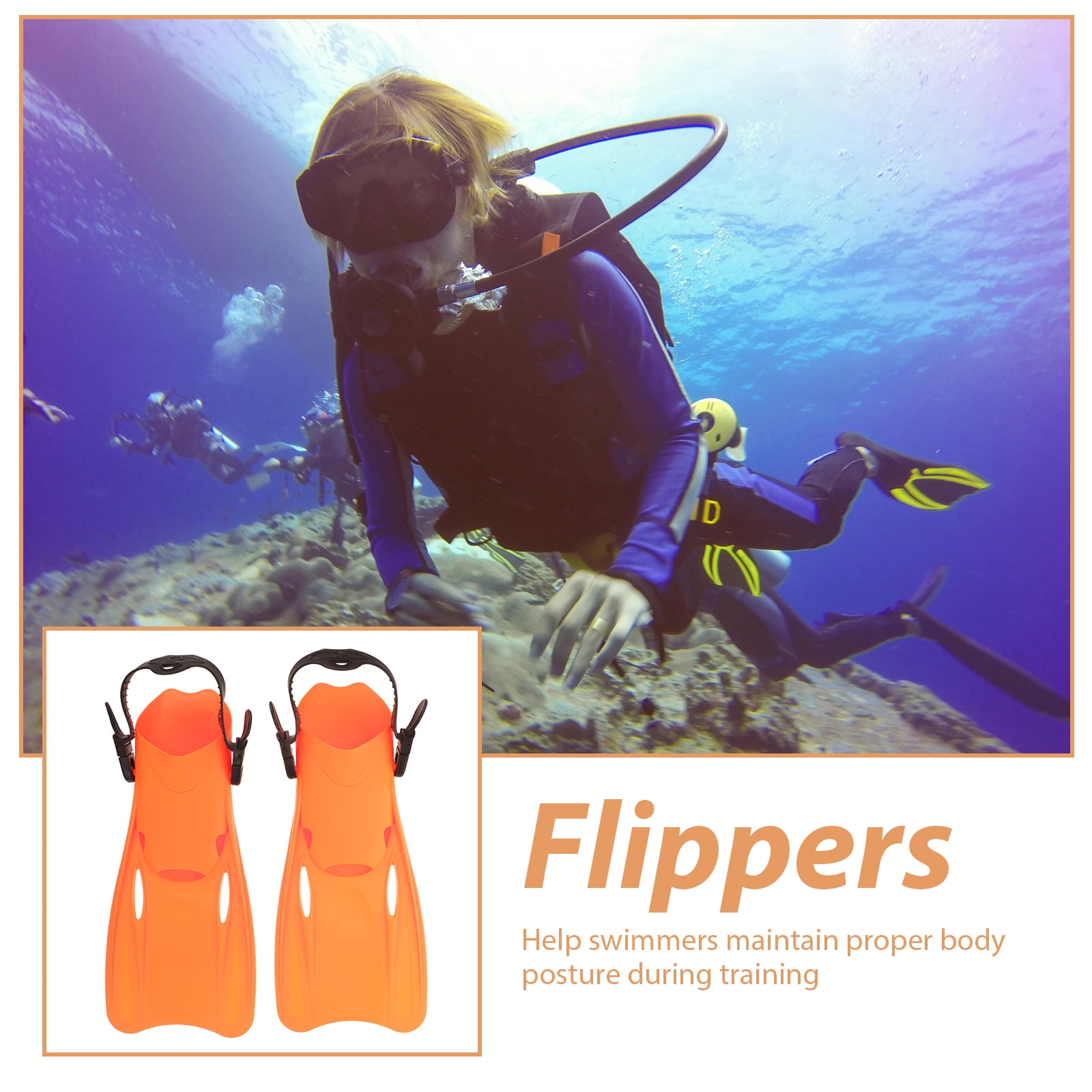 FONDOTIN Swim Training Fins for Adults, 1 Pair Orange Dive Fins with Comfortable Fit and Heel Support Pads